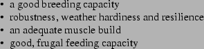 \begin{itemize*}
\par\item{a good breeding capacity}
\par\item{robustness, wea...
...uate muscle build}
\par\item{good, frugal feeding capacity}
\par\end{itemize*}