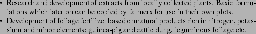 \begin{itemize*}
\par\item{Research and development of extracts from locally co...
...ements: guinea-pig and cattle dung, leguminous foliage etc.}
\par\end{itemize*}