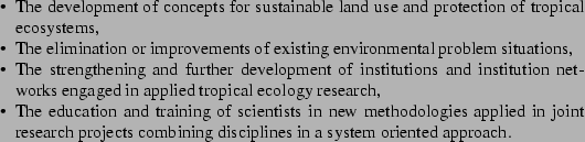 \begin{itemize*}
\par\item{The development of concepts for sustainable land use...
...ojects combining disciplines in a system oriented approach.}
\par\end{itemize*}