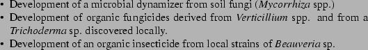 \begin{itemize*}
\par\item{Development of a microbial dynamizer from soil fungi...
...ic insecticide from local strains of \textit{Beauveria} sp.}
\par\end{itemize*}