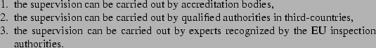 \begin{enumerate*}
\par\item{the supervision can be carried out by accreditatio...
... by experts recognized by the EU inspection authorities.}
\par\end{enumerate*}