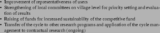 \begin{itemize*}
\par\item{Improvement of representativeness of users}
\par\i...
... of the cycle management to contractual research (ongoing)}
\par\end{itemize*}